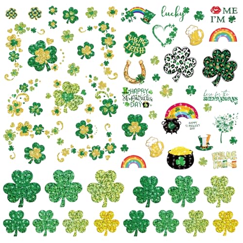160pcs St Patricks Day Temporary Tattoos Glitter Shamrock Face Tattoos Clover Body Stickers for Irish Party Favors Parades Accessories Saint Patricks Day Decorations(st160)