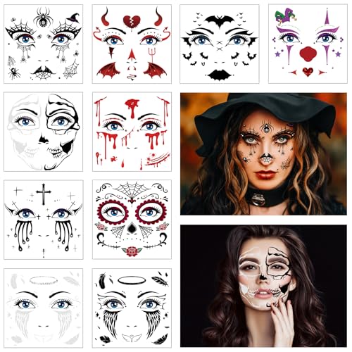HOWAF Halloween Full Face Tattoos Stickers,Halloween Clown Costume Face Art Temporary Tattoos with Clown Face Spider Webs, Bats, Skeletons for Horror Party Decor, Halloween Black Red Face Tattoos