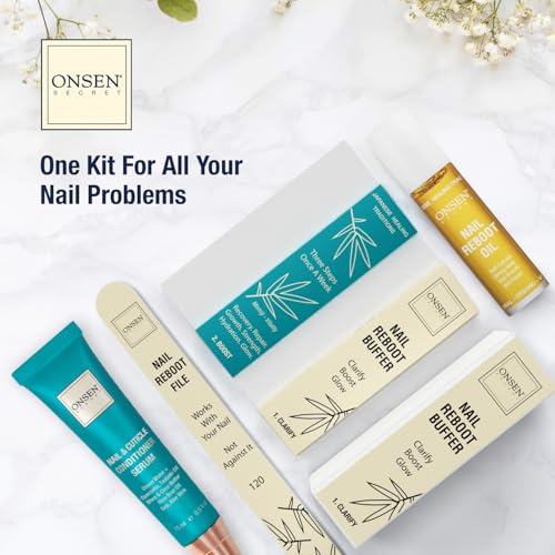 Onsen Secret Ultimate Nail Reboot Kit - Includes Cuticle Oil & Anti Aging Hand Lotion, Professional Nail File and Buffer, 3-Way Block w/Replacement Pads, Nail Strengthening Cuticle Cream