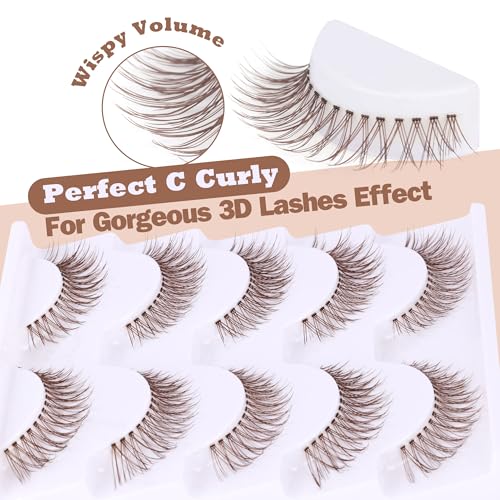 Brown Lashes Natural Look Cat Eye Lashes Brown Eyelashes Faux Mink False Lashes Wispy Volume C-curly Short False Eyelashes with Clear Band by Newcally