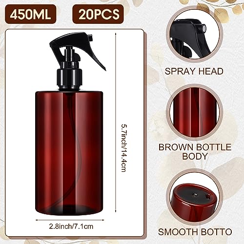 Hsei 20 Pcs 16 oz Amber Spray Bottles Empty Refillable Plastic Bottles with Trigger Sprayers Spray Water Container for Water Essential Oils Hair Cleaning Products