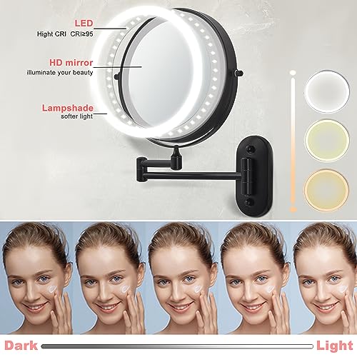 8¡°Wall Mounted Makeup Mirror With Lights, 10x Magnifying Mirror Wall Mount for Vanity, Bathroom and Shaving, Rechargeable Wall Mounted Makeup Mirror Swing Arm with Adjustable Brightness (Black-10X)