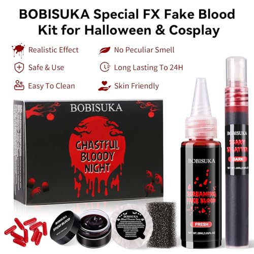 Halloween Fake Blood SFX Makeup Kit ? Realistic Liquid Spray, Dripping Blood, Coagulated Gel, Capsules, Sponge & Soap ? Washable Special Effects Body Paint for Vampire & Zombie Costumes