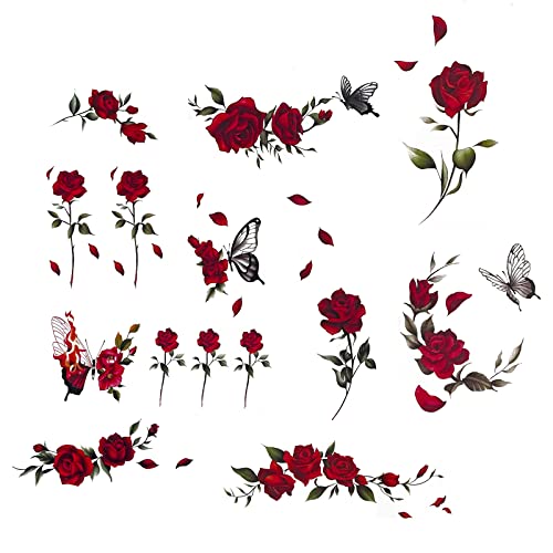 Temporary Tattoo Rose Red Flower for Women Body Arm Art Fake Fake Waterproof Tattoo Arm Hand Chest Shoulder Tattoo 11 Sheets