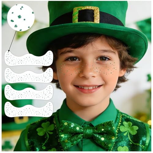 12 Sheets St Patricks Day Face Tattoos Stickers Glitter Green Shamrock Freckles Temporary Tattoo for Body Saint Patrick Day Clover Face Sparkle Makeup Accessories for Women Irish Party(face12)