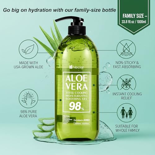 98% Pure Aloe Vera Gel for Sunburn Relief - Big 33.8oz / 1000ml - Aloe Vera - For Face, Skin and Hair - After Sun Care lotion - Sun Burn Moisturizer Cream (33.8 Fl oz)