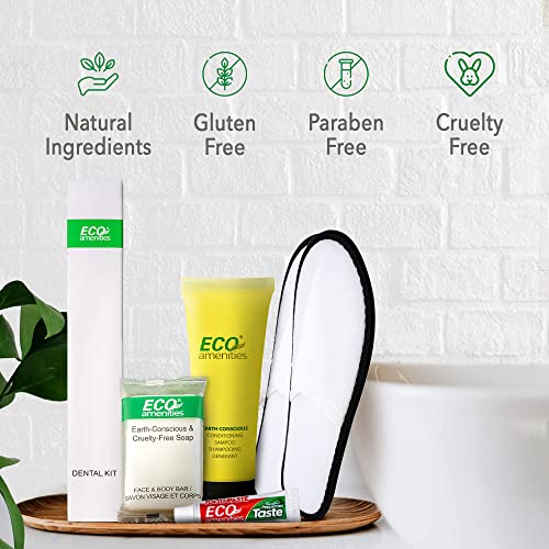 ECO amenities Bulk Hotel Toiletries Set - Travel Toothbrush Set - Cruelty-Free Shampoo & Conditioner - Bar Soap Bulk & Closed-Toe Slippers - 140 Pieces, 30ml Shampoo, 14g Soap, Green Tea