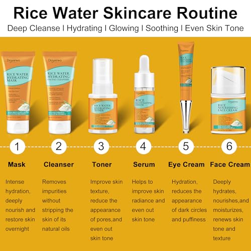 Skin Care Set,6Pcs Women Teen Glass Skincare w/Korean Rice Extract,Hydrate Glow Repair Anti-Aging Facial Routine Kit Self Care Gifts for Women Mom Wife Teenage Girl Her Valentines Day Christmas Gifts