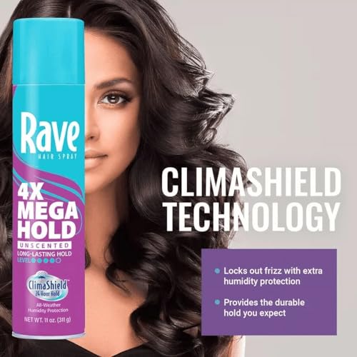 Rave 4X Mega Unscented Aerosol Hairspray - Hair Spray for High Humidity Weather - 24-Hour Lasting Hold - Vitamin-Enhanced Hair Volume Spray - 2 pc
