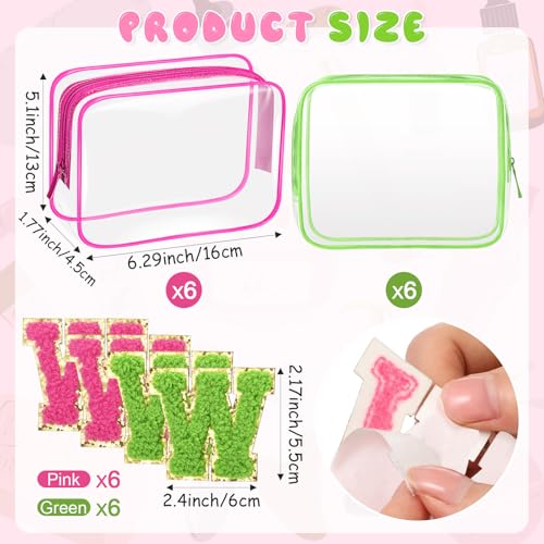 Eccliy 12 Pcs Pink Green Gift Bags Makeup Bag with Chenille Letter Patches Portable Travel Cosmetic Pouch with Zipper PVC Toiletry Bag for Witch Party Baby Shower, Birthday, Party Favor