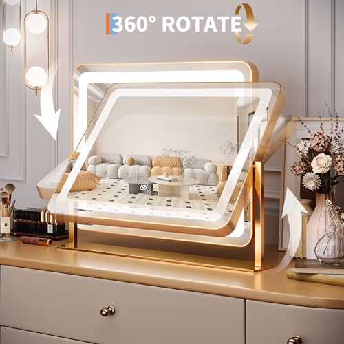 GAOMON Vanity Mirror with Lights, 19.7"x17.5" Touch Screen LED Mirror, 3 Lighting Modes for Makeup/Skincare, Adjustable Tabletop Mirror for Bedroom/Bathroom Decor, Gold