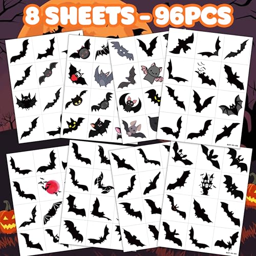 96 PCS Bat Halloween Pre-Cut Temporary Tattoos Birthday Party Decorations Supplies Favors Scary Halloween Bats Cute Decor Tattoo Stickers Gifts For Game Boys Girls Classroom School Prizes Reward