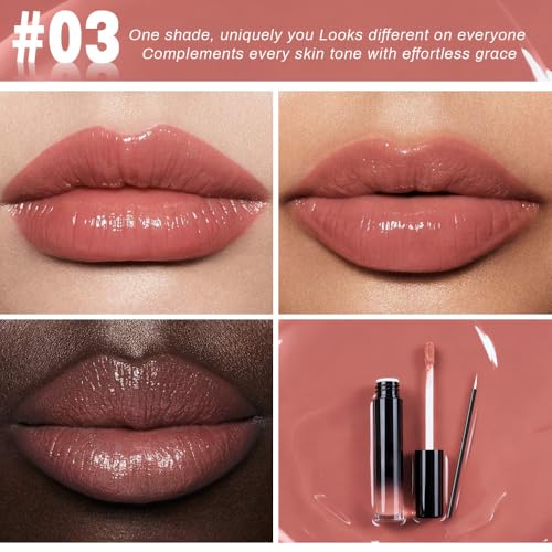 evpct Light Nude Shiny Longwear No-Budge Liquid Lip Color Lipstick Makeup, Highly Pigmented Color Instant Shine, Waterproof Long Lasting Lipstick for Women, Lip Stain Gloss with Lip Liner Brush, 03#