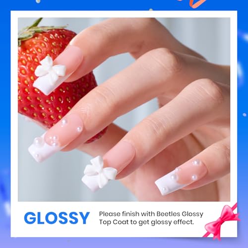 Beetles 3Pcs 15ml White Gel Nail Polish and No Wipe Gel Top Coat & Base Coat Set, Soak Off UV Lamp and Long Lasting Glossy Top Coat French Manicure Art Design Kit