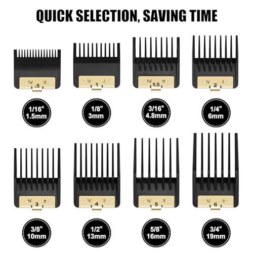 8 Pack Premium Clipper Guards Fit for BaBylissPRO Barberology FX870, FX890, FX825, and FX673 Clippers, Replacement Guards with Metal Clip - From 1/16-3/4 inch Snap on Comb Set for Babyliss Clippers