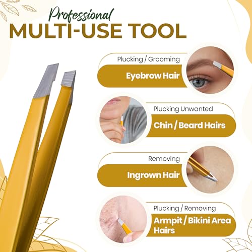 Professional Slant Tip Eyebrow Tweezers for Women & Men ? Precision Hair Removal Tool ? Stainless Steel Tweezers for Eyebrow Shaping, Facial Hair, Ingrown Hair & Splinter Removal (Golden Glow)