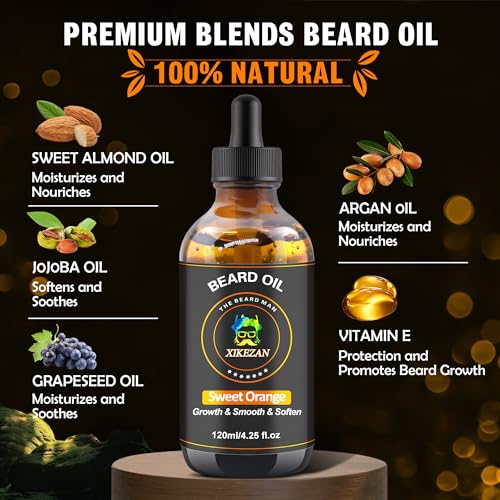 Beard Oil,120ml/4.25fl.oz Oil Promote Large Volume Beard Growth,Leave in Conditioner Beard Care Natural Sweet Orange Scent Mustaches Growth Soften Strength,Gifts for Men Him Dad