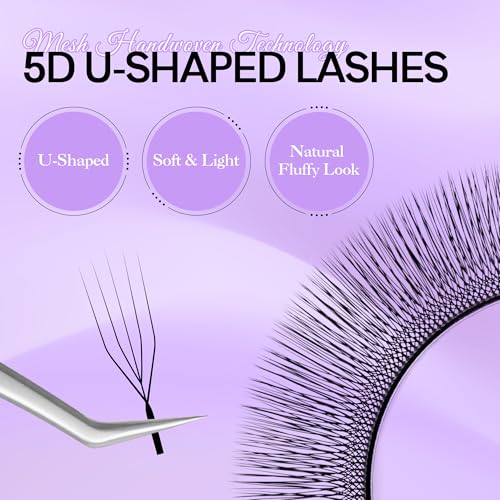 5D U Shape Lash Extensions Easy Fan Russian Volume U Eyelash C/D Curl 0.07mm Natural U Shaped 12 Rows Premade Eye Lashes Supply(Black,0.07C,8-14mm)