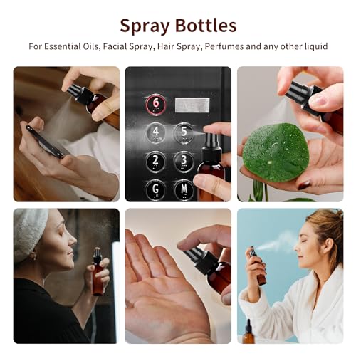 50 Pack 2oz Amber Spray Bottles Plastic, Fine Mist Small Spray Bottles Bulk, Empty Plastic Amber Sprays Bottle Reusable for Cosmetic with 3 Funnel, 10 Labels