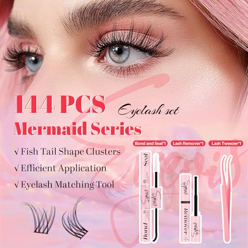 Mermaid Lash Clusters Kit Eyelash Extension Kit 144pcs C Curl Natural Wispy Lash Clusters DIY Ultra-Thin Band Eyelash Clusters with Tools,Salon-Effect Individual Lashes(Mermaid 02 kit,8-18mm£©
