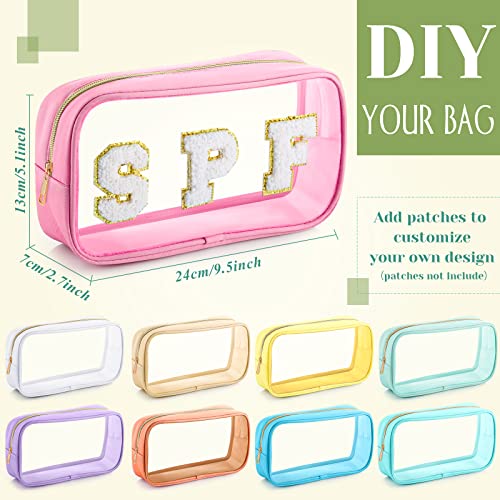 Cunno 9 Pcs Preppy Clear Makeup Bag DIY Chenille Letter Pouch Large Nylon Makeup Bag Travel Toiletry Zipper Cosmetic Organizer Pouch PVC Bags for Women, 9.5 x 5.1 x 2.8 Inch(Colorful)