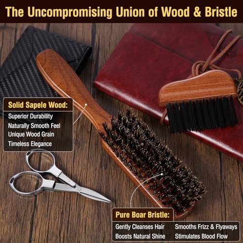 URTHEONE Premium Beard Brush Grooming Kit - 100% Natural Boar Bristle Hair Brush for Men, Ergonomic Handle,Cleaning Brush & Folding Scissors - Complete Beard Hair Care Set for Styling,Maintenance