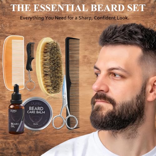 DUAIU Beard Grooming Kit for Men Care, Beard Oil & Beard Balm, Boar Bristles Brush, Multi-Comb and Scissors for Beard and Moustache Trimming and Styling - Great for Dad/Husband/Boyfriend Use