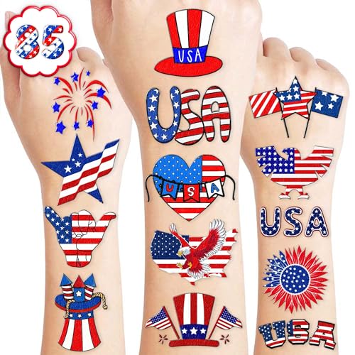 100PCS USA Patriotic Temporary Tattoos ? American Flag 4th of July Party Decorations, Freedom Theme Supplies, Fun Favors & Stickers for Kids Adults, Birthday or Independence Day Prizes