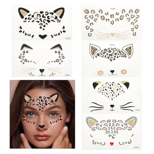 OLYCRAFT 6 Sheets Crystal Cat Face Jewels 3.1x5.1 Inch Temporary Leopard Tattoo Stickers Acrylic Rhinestone Stickers Leopard Face Sticker Removable Sticker for Women Art Party Decor