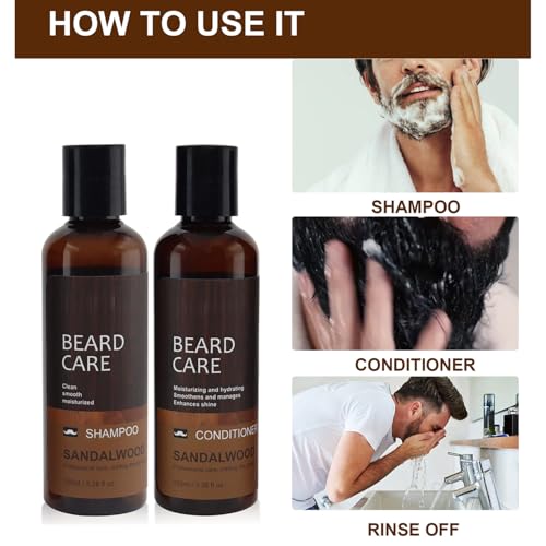 Beard Wash & Conditioner Set for Men - Glycerin & Coconut Oil Formula with Sandalwood Scent, Softens & Strengthens Facial Hair, Reduces Itchiness (3.4oz x 2)