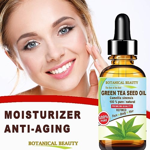 Botanical Beauty GREEN TEA SEED OIL Camellia Sinensis Oil 100% Pure Natural Undiluted Cold Pressed Carrier Oil for Face, Skin, Hair, Nails, Rich in Vitamin C, Vitamin E (1 Fl Oz)