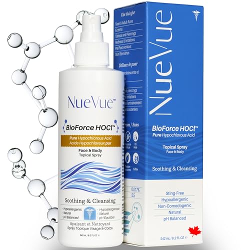 BioForce HOCl - Pure Hypochlorous Acid Spray for Face & Body - Acne-Prone Skin & Eczema, Piercing aftercare, Made in Canada, Gentle Skin Cleanser & Toner, pH Balanced, Non-comedogenic - NueVue (8.2oz)