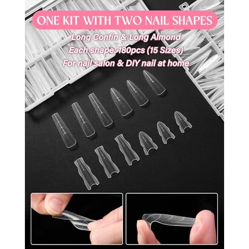 Sandwich Nail Dual Form Kit - 360 PCS Coffin & Almond Dual Forms for Nail Extensions, 15 Sizes, Reusable Plastic Forms for Polygel, Acrylic, Builder Gel - Perfect for DIY & Salon Use