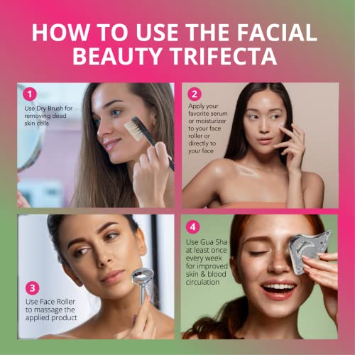Gua Sha Facial Tools Beauty Trifecta with Stainless Steel Face Roller Massager, Dry Brush, Upgrade from Your Jade Roller Stone Guasha Tool, Beauty Tools Accessories (Beauty Trifecta)