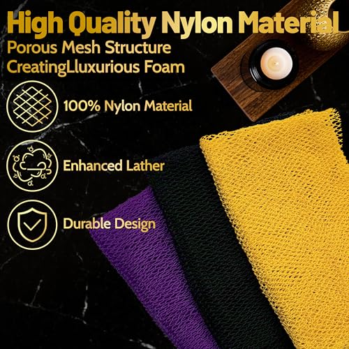 African Net Sponge Authentic,3Pack Loofah Exfoliating Body Scrubber Bath Sponge, Back Scrubber Washcloth for Shower,Gentle Exfoliator and Rich Lather for Women and Men (Black¡¢Yellow¡¢Purple)