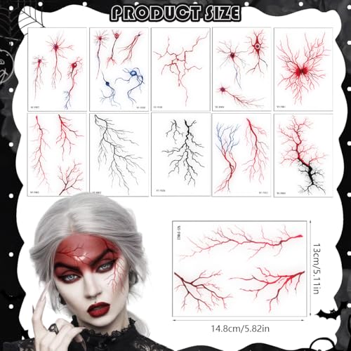 Blood Vessel Temporary Tattoos Sticker Red Black Fake Bloody Stitch Scab Lightning Scary Prank Face Body Makeup Zombie Sticker for Women Men Halloween Cosplay Masquerade Party Props Decor 10 Sheets