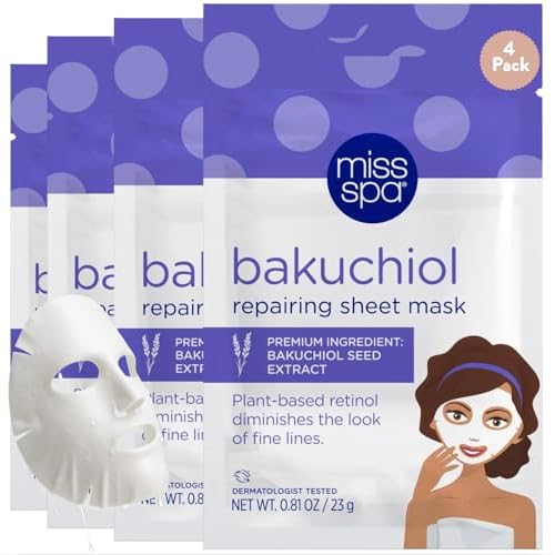 MISS SPA Anti-Aging Bakuchiol Repairing Facial Sheet Mask, Plant-Based Retinol, Hydrating Skin Care, Dermatologist Tested, 4 Pack