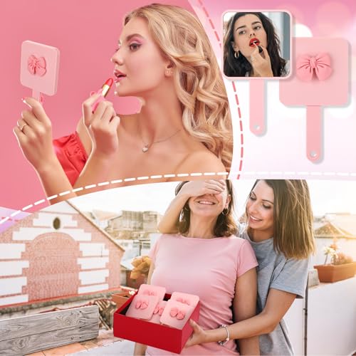 Amyhill 24pcs Coquette Pink Bow Party Favor, Handheld Mirror Bulk for Women Birthday Bridal Shower Graduation, Pocket Small Mini Hand Held Extendable Mirrors for Bag