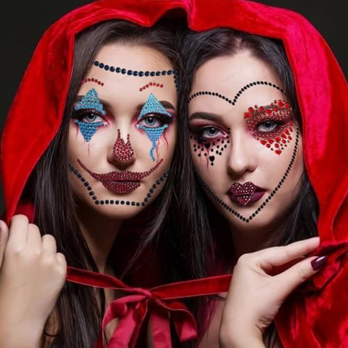 2 Pcs Clown Face Makeup Stickers: 3D Gemstone Rhinestone Gems, Scary/Confused Clown Face Glitter Tattoo for Halloween Carnival Party