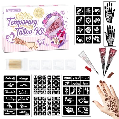 Temporary Tattoo Kit for Teens & Adults ? 3 Tattoo Pastes (2 Brown+Cherry Red), 100pcs Reusable Stencils, Outline Pen, Long Lasting Waterproof Body Art, DIY Skin Painting for Festivals, Parties Makeup