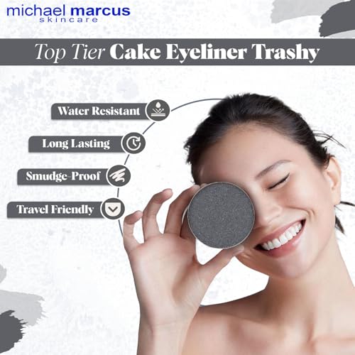 michael marcus Makeup Cake Eye Liner & Eyeliner Brush (Trashy) - Water Activated Dry Pressed, Long-Lasting & Smudge Resistant Eyeliner - Cruelty & Paraben Free - For Beginner & Pro Makeup Artist