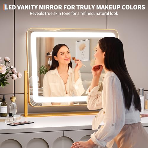 GAOMON Vanity Mirror with Lights, 19.7"x17.5" Touch Screen LED Mirror, 3 Lighting Modes for Makeup/Skincare, Adjustable Tabletop Mirror for Bedroom/Bathroom Decor, Gold
