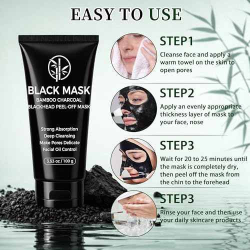 Blackhead Remover Mask, Charcoal Peel Off Face Mask Kit, Deep Cleaning Whiteheads Pore Mask, Oil Control, Men & Women Black Head Remover for Face Care ? 100g Includes Brush, Pimple Extractors