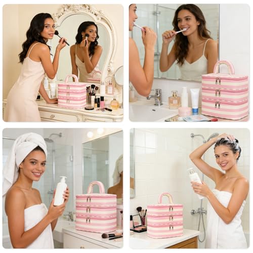 Three Layer Makeup Bag for Women Fashion Stripes Cosmetic Bag Preppy Style Travel Water-Resistant Toiletry Bag for Storage Toiletries Cosmetics Sets for Women Teen Girls Pink