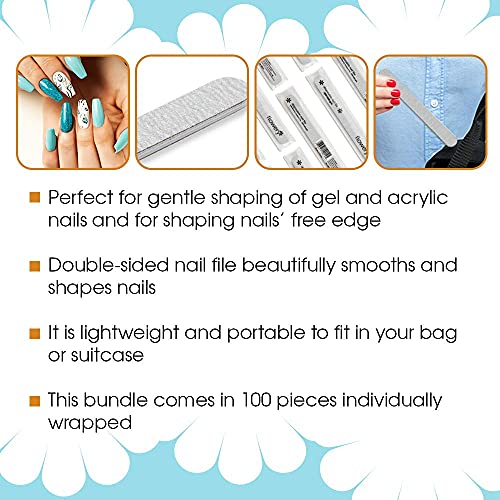 Flowery Nail File 100/180 Grit ? Double-Sided Emery Boards Nail File for Natural Nails and Acrylic Nails, Cushion Core, Silver, 100 Pack