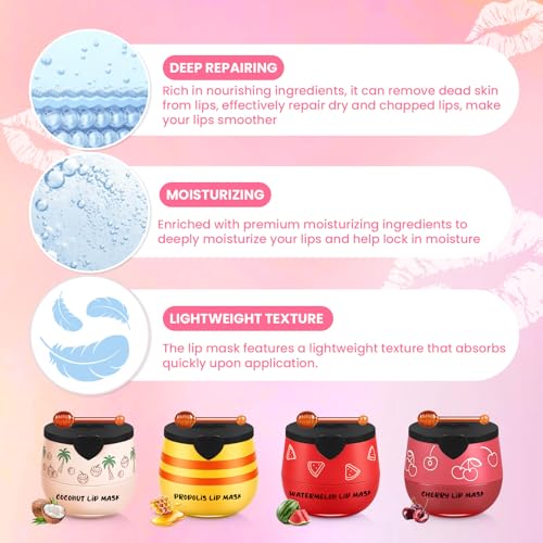 4PCS Bee Lip Balm Honey Pot Cherry Watermelon Coconut Honey Lip Balm, Moisturizing Sleeping Lip Mask Overnight, Prevention Dry and Cracked Lips