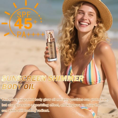 Body Shimmer Oil, SPF 45 Broad Spectrum, Sunscreen Shimmer Body Glow Oil with Coconut Oils, Glitter Sunscreen for Body & Face, Body Luminizer Face Highlighters & Luminizers Makeup(Rose Gold, 30ML)