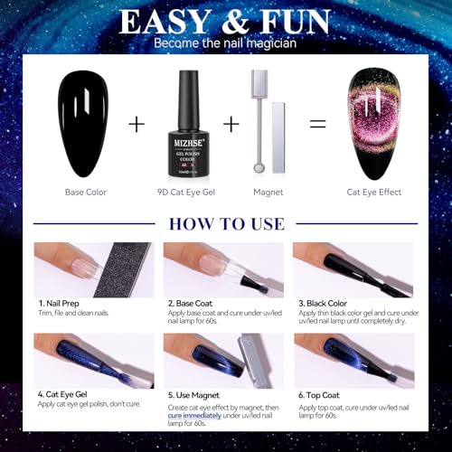 MIZHSE 9D Cat Eye Gel Nail Polish, 2 Sets Magnetic Cat Eye Gel Polish, Chameleon Magic Galaxy Effect Soak off Nail Art Gift for Ladies