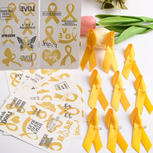 WANDIC Gold Ribbon Awareness Kit, 100PCS Ribbon Pins 10 Sheets Temporary Tattoo for Childhood Cancer for Public Benefit Activities