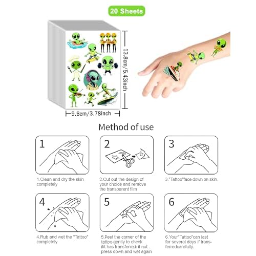 184Pcs Alien Temporary Tattoos, Green Alien Party Tattoos Stickers, UFO Space Theme Decor for Birthdays, Festivals
